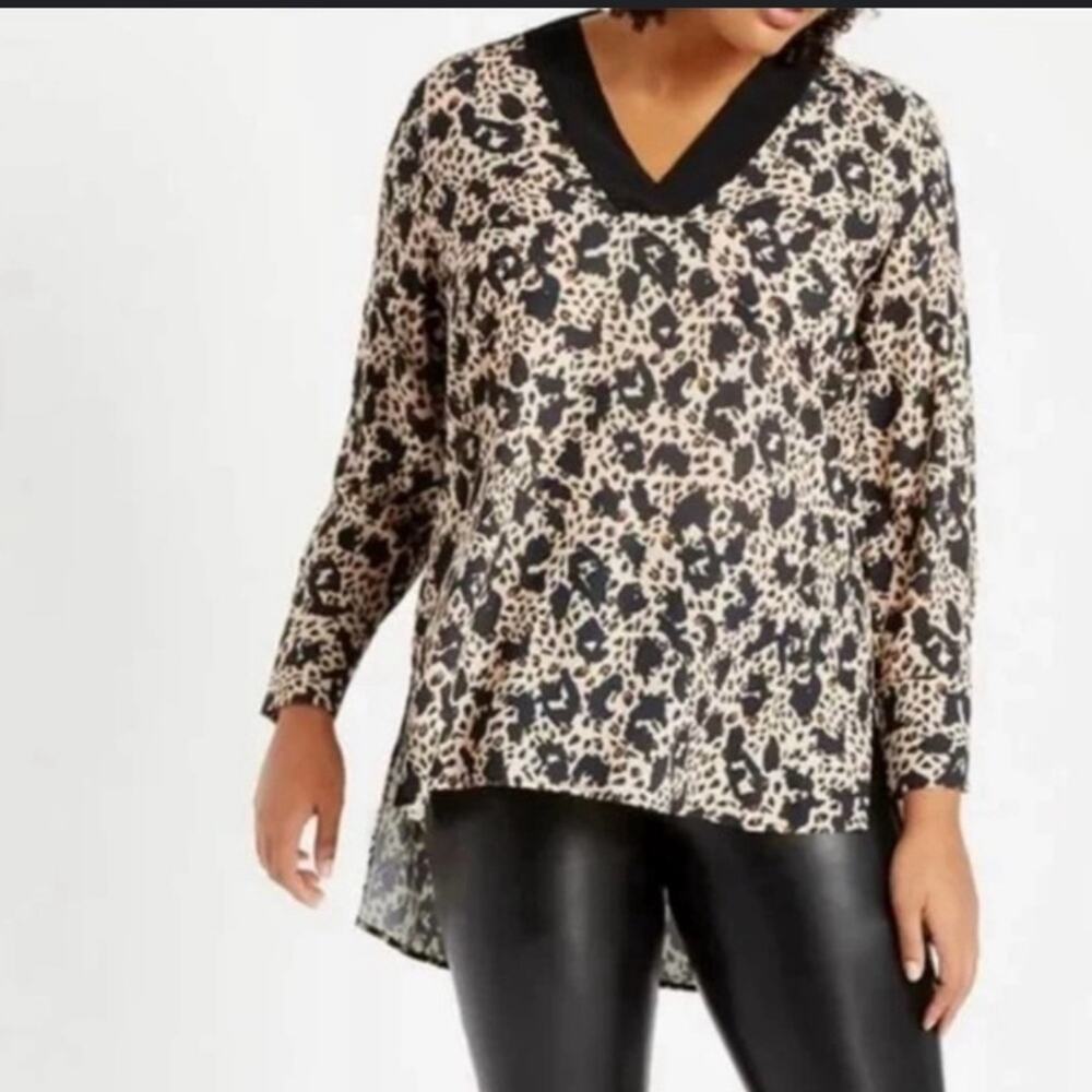 Eloquii Tunic Top Women 16 Leopard Animal Print High Low Black Trim V Neck Brown